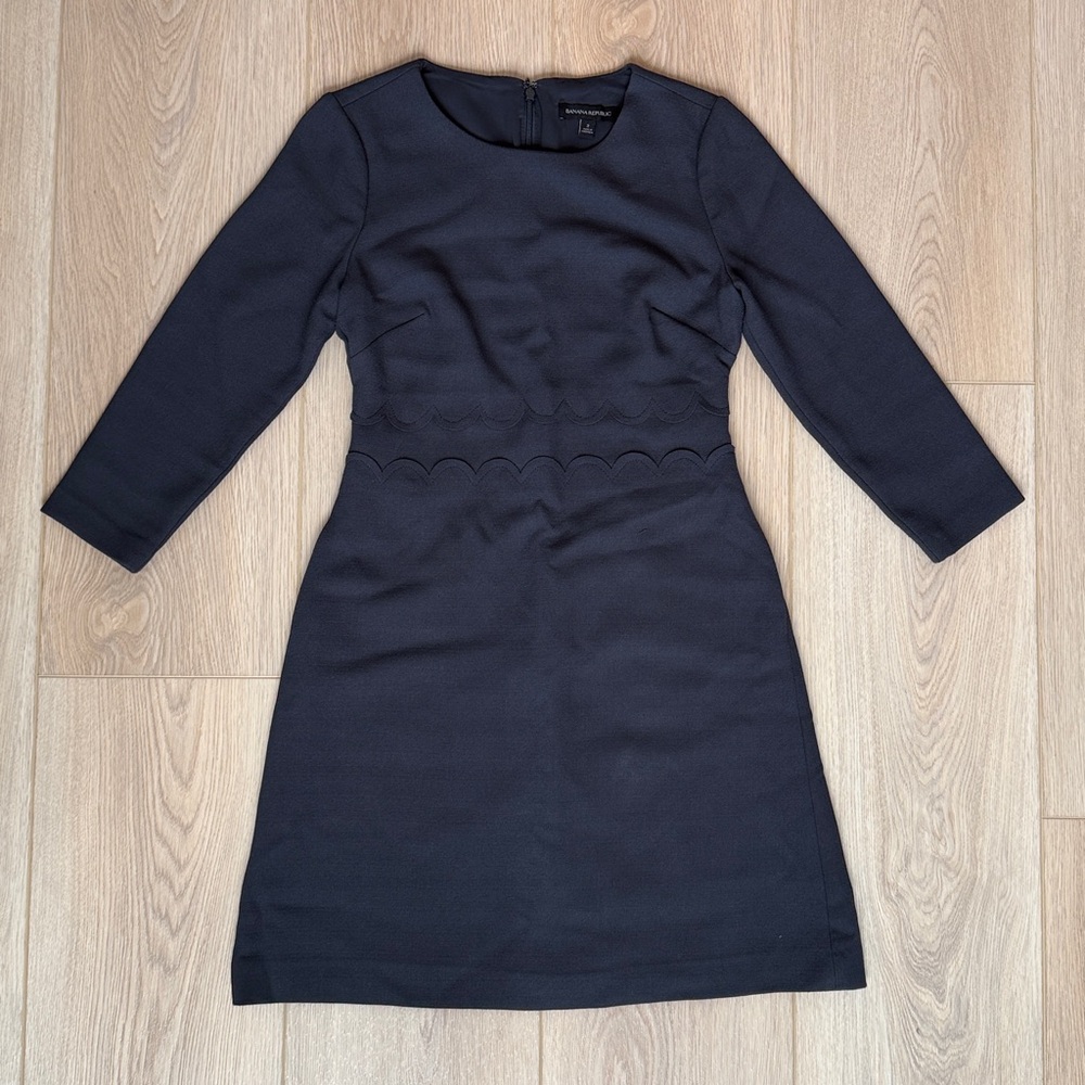 Banana Republic Scalloped Waist 3/4 Sleeve Sheath Midi Dress, Charcoal Gray